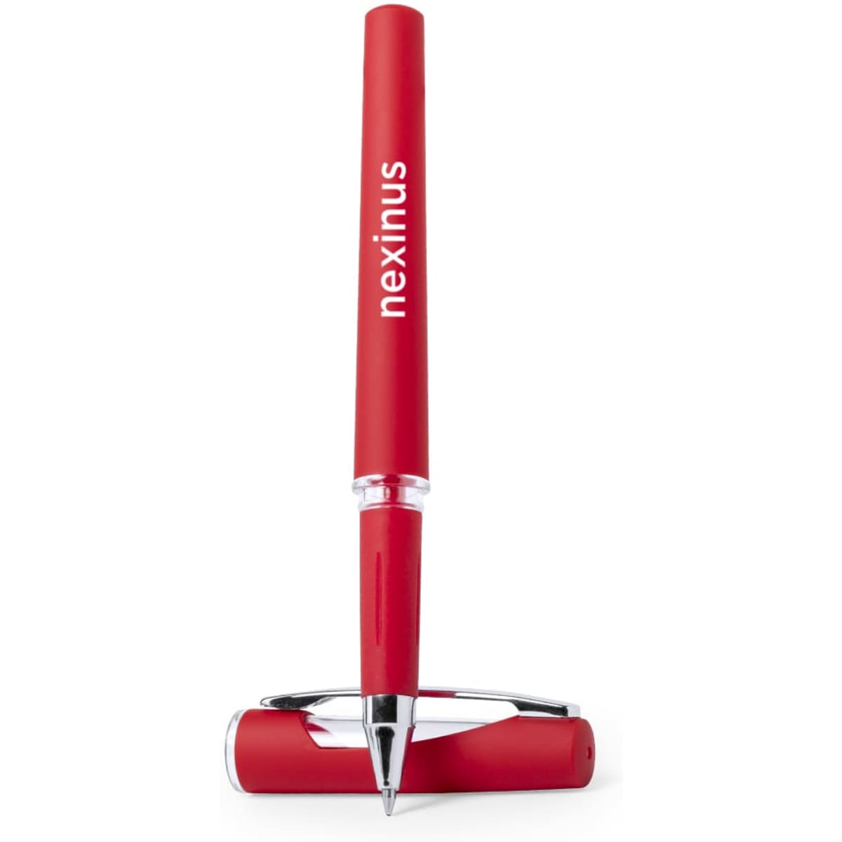 A red pen with a sleek design and chrome accents, featuring a logo. Stand included for display.