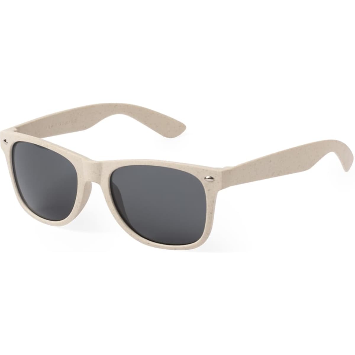 A pair of cream sunglasses with grey lenses, featuring a simple design and a logo on the side.