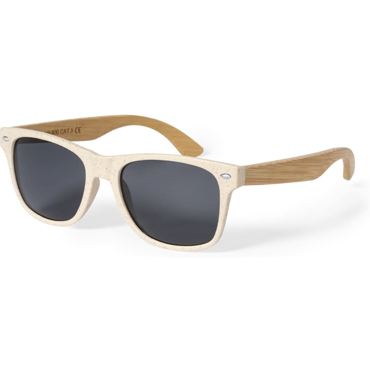 Sunglasses with a light cream frame and wooden arms, featuring dark lenses and a logo on the side.