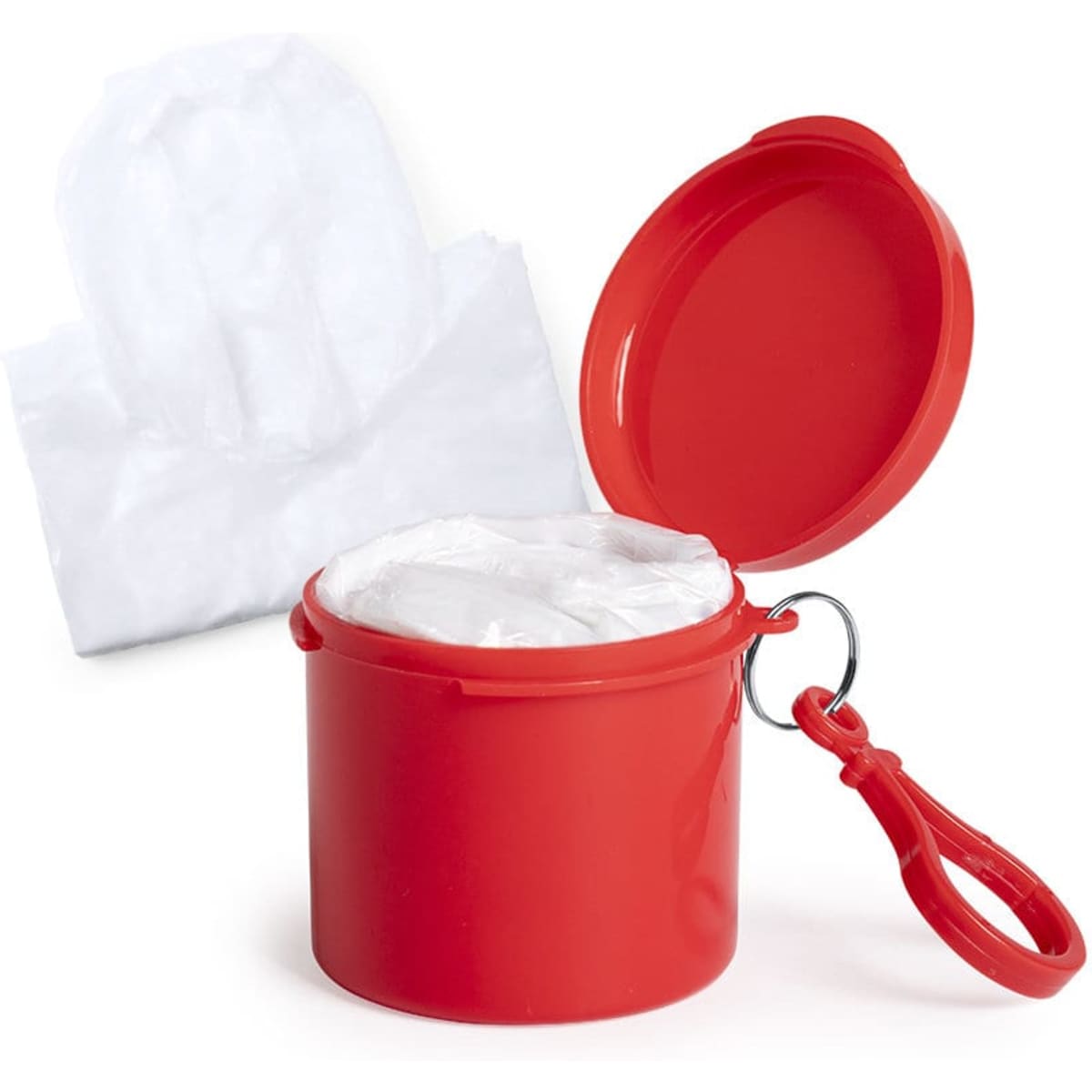 A red container with a lid, containing a white poncho and a keyring attachment.