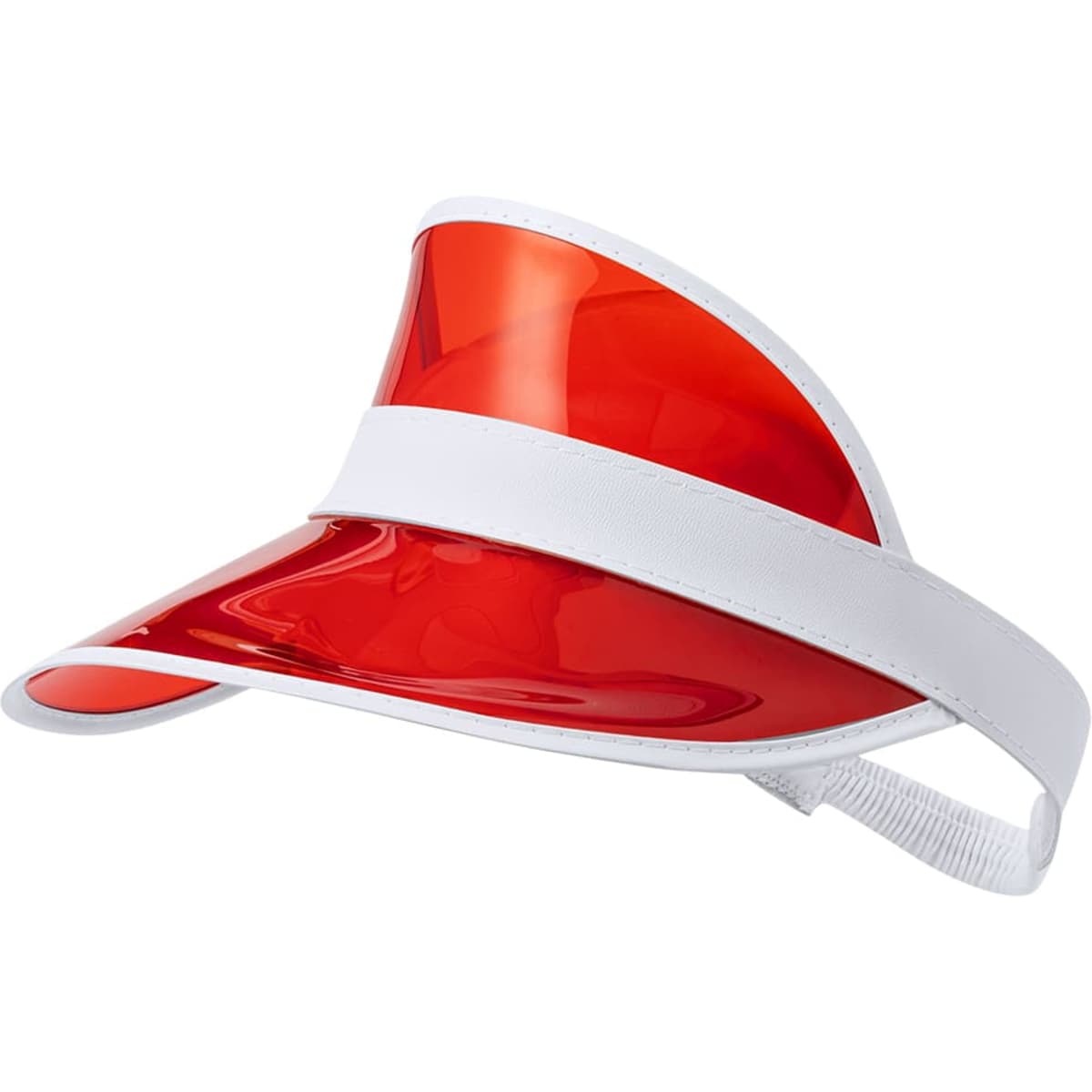 A red visor with a white band and adjustment strap, featuring a glossy finish and a logo on the front.