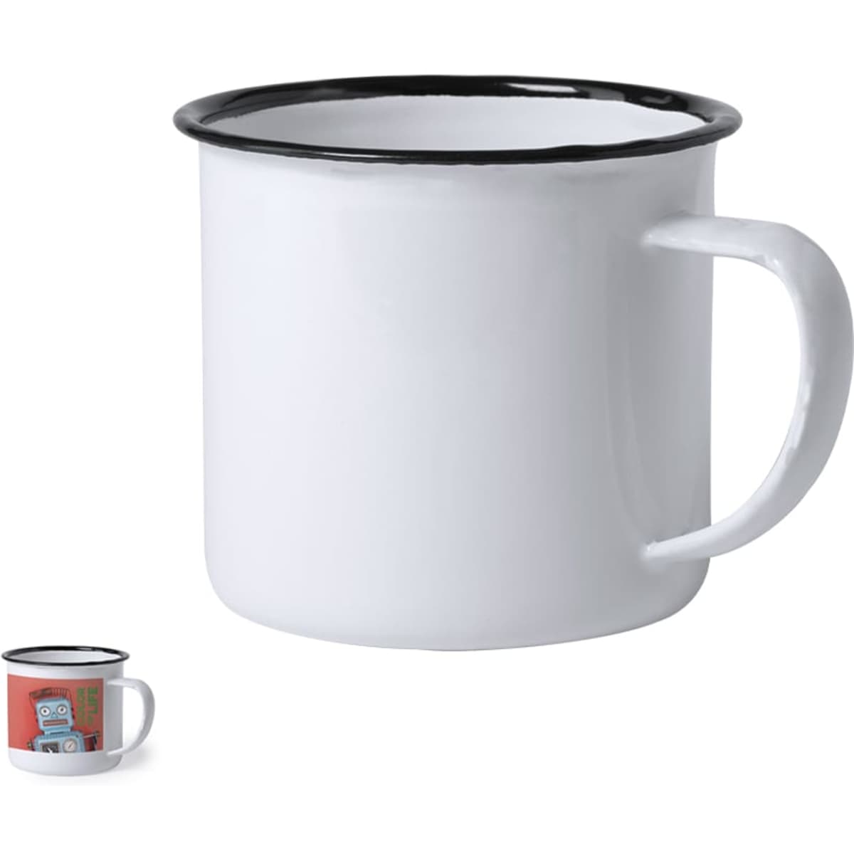 A coffee mug in white with a black rim and a prominent handle, featuring a logo on one side.