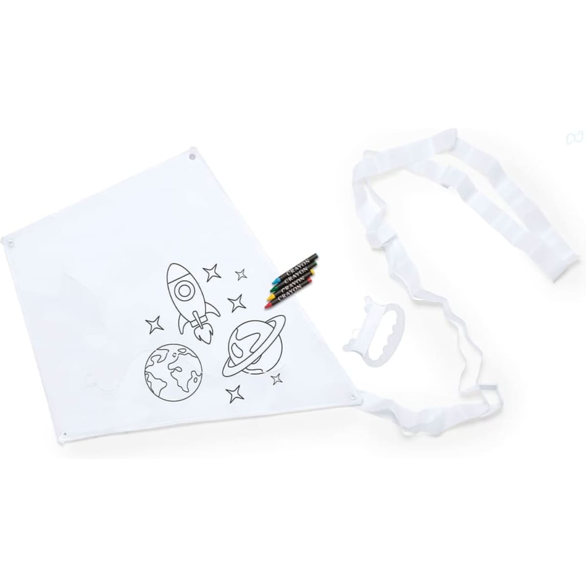 A white drawstring bag featuring a space-themed design with markers included for colouring.