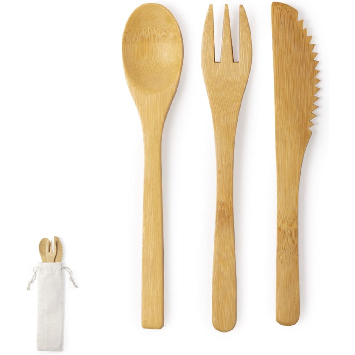 A bamboo cutlery set including a spoon, fork, and knife, presented with a cloth storage pouch.