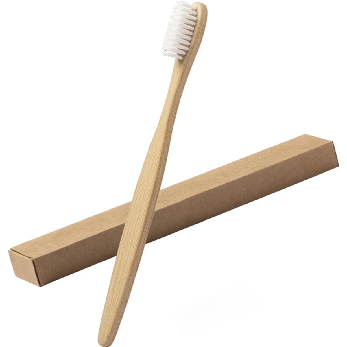 A bamboo toothbrush with white bristles, presented alongside a brown cardboard packaging.