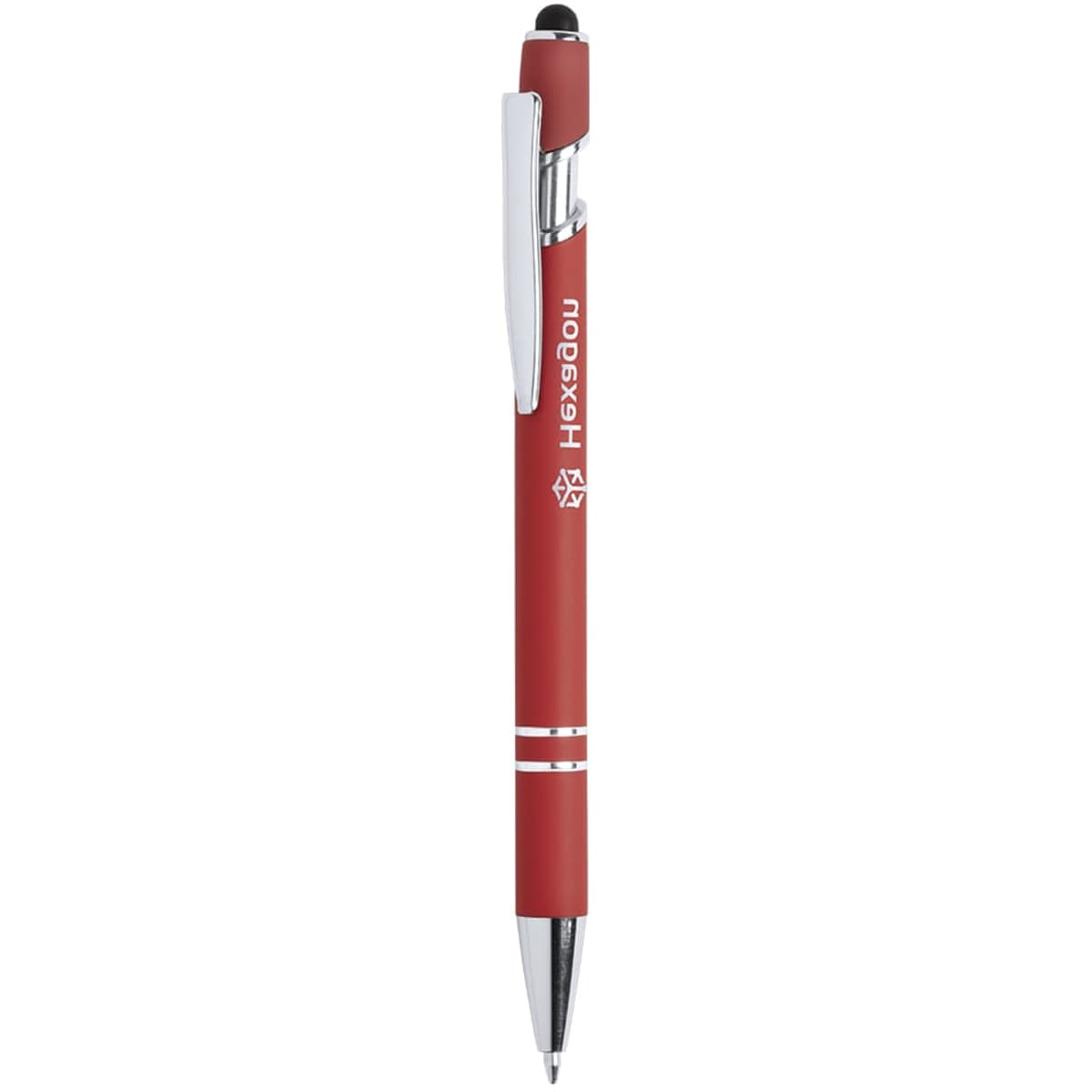 A red ballpoint pen with a stylus tip and chrome accents, featuring a branding logo.
