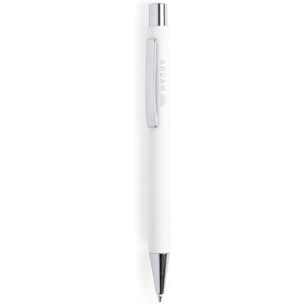 A white metal pen with a chrome clip and a smooth surface, featuring a logo.