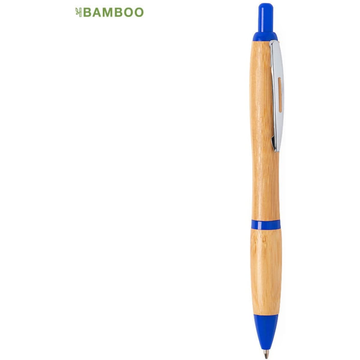 A wooden pen with a bamboo finish and blue accents. It features a clip and a logo at the top.