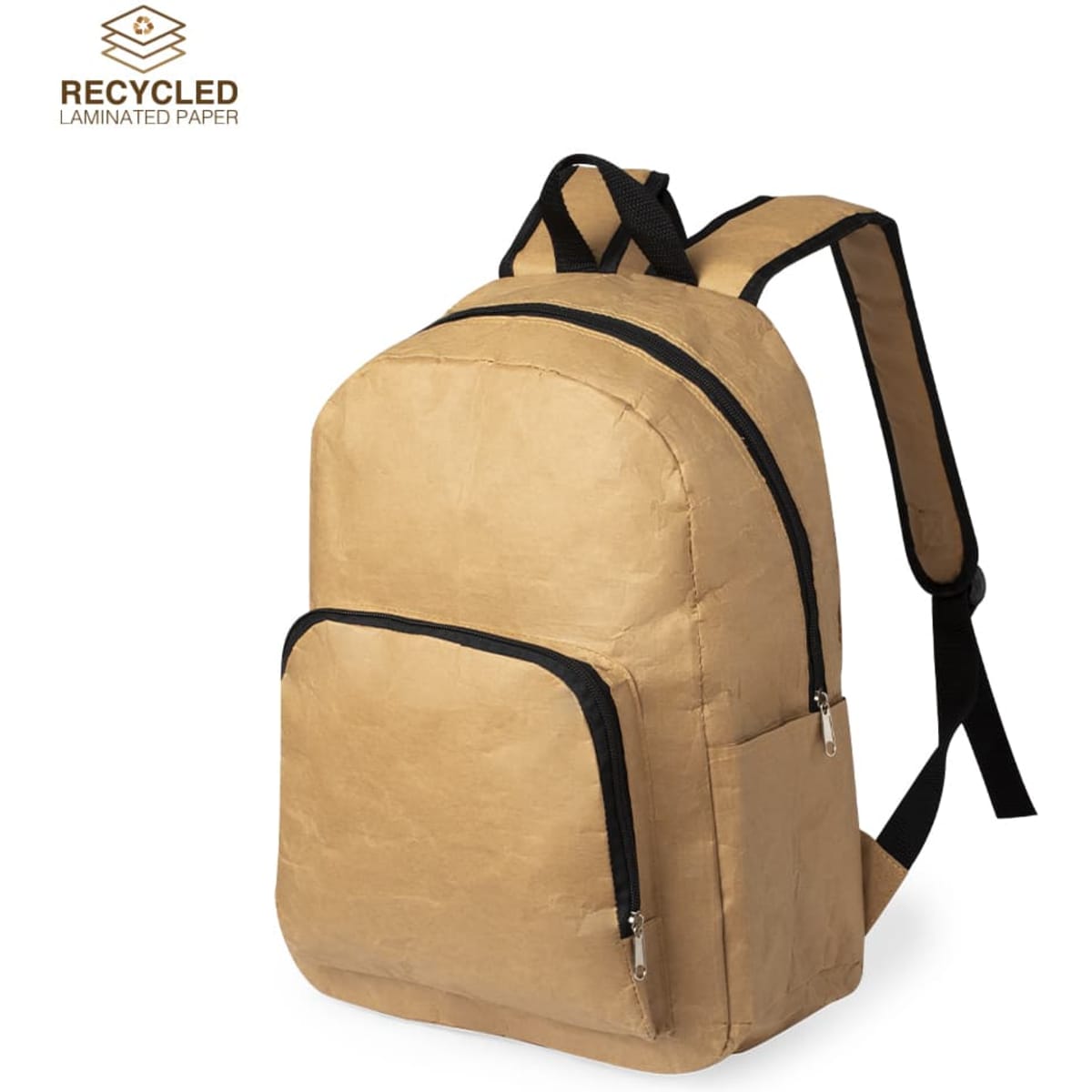 A tan recycled backpack with black zippers and straps, featuring a front pocket and a sleek design.