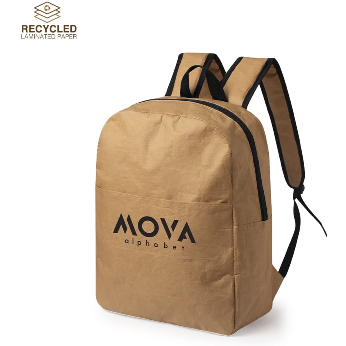A tan paper backpack featuring black straps and a logo on the front, made from recycled laminated paper.