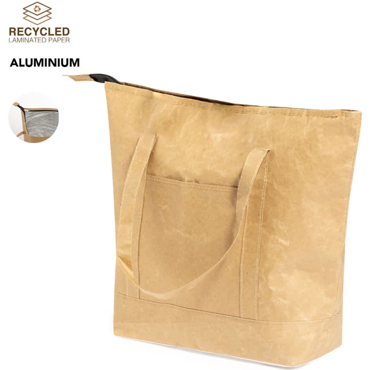A tan thermal bag with a zip closure and handle, featuring a large front pocket and an aluminium lining.