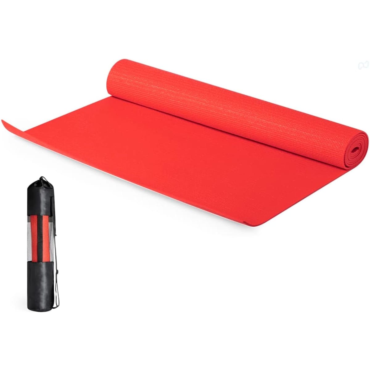 A red yoga mat aligned beside a black carrying bag with red straps.