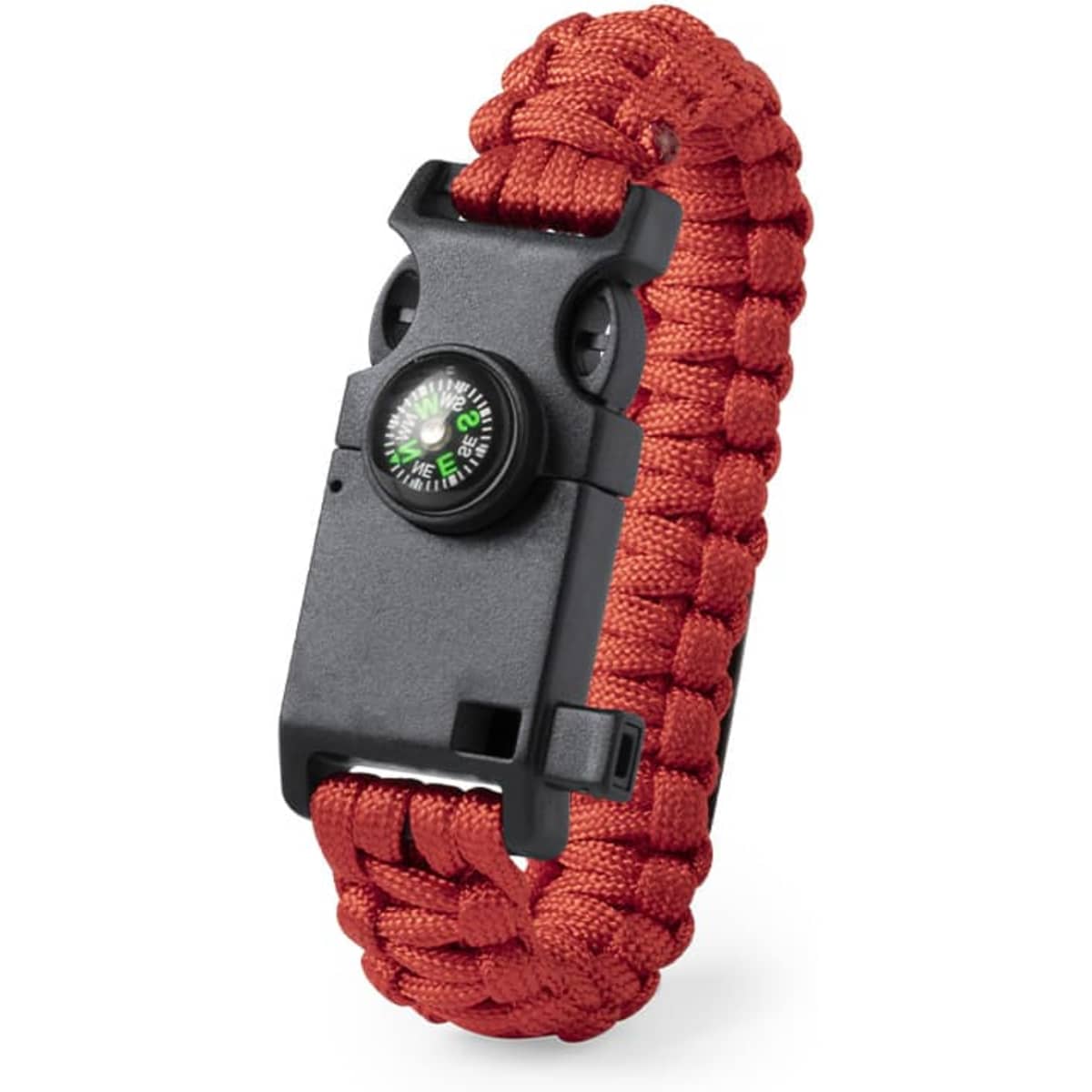 A survival bracelet in bright red with a built-in compass, featuring a durable paracord design.