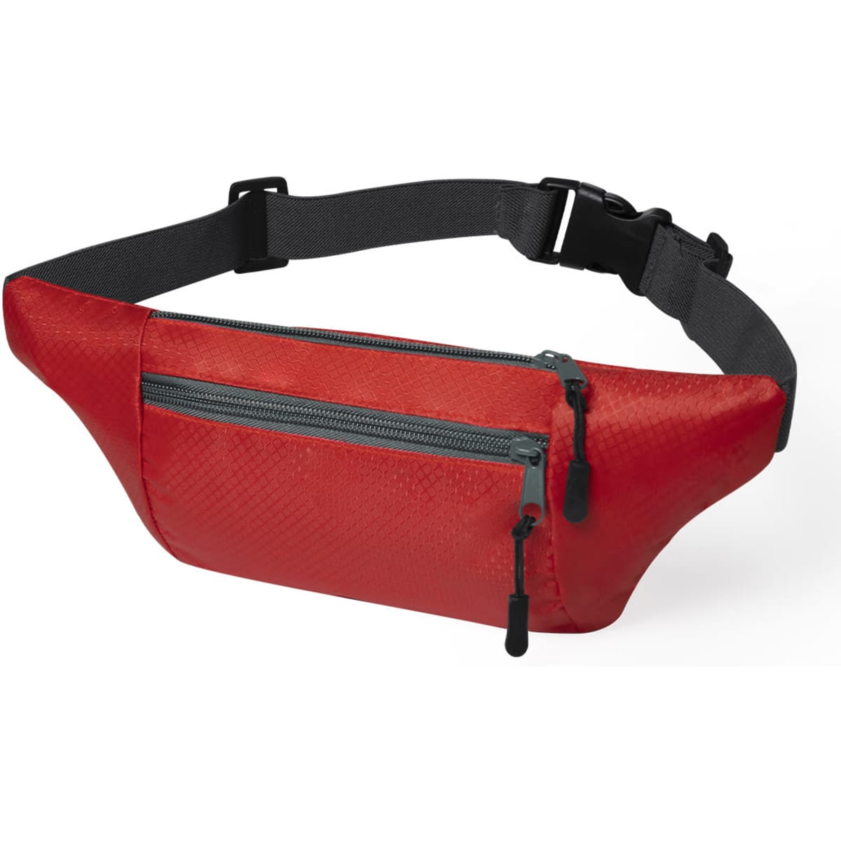 A red bum bag featuring two zippered pockets and an adjustable black strap. It has a logo on the front.