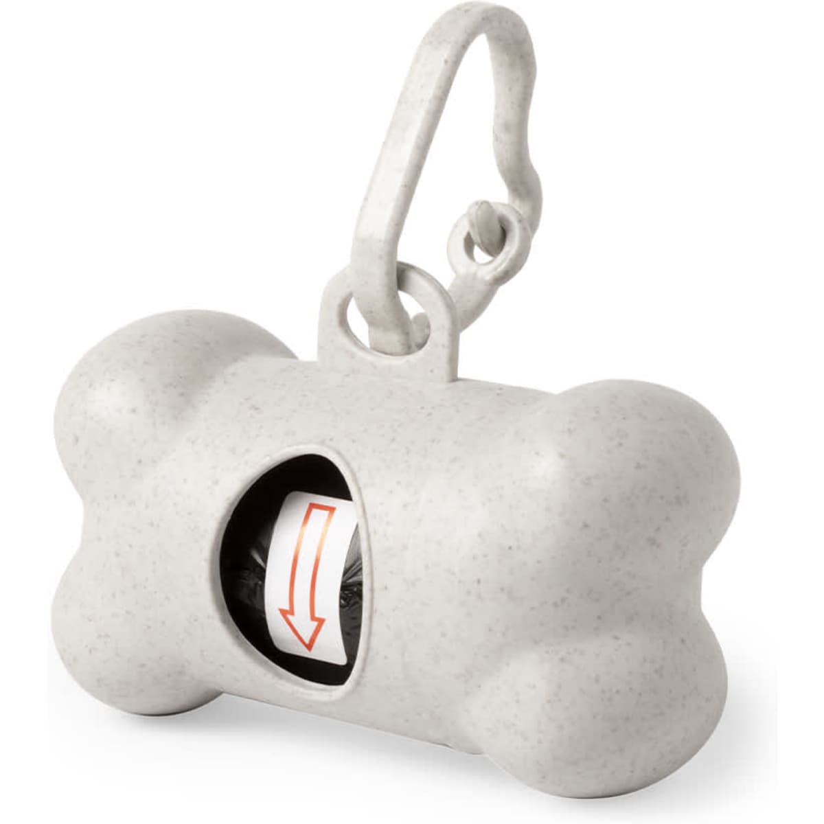A grey bone-shaped pet waste bag dispenser with a clip for easy attachment. Features a roll of waste bags inside.