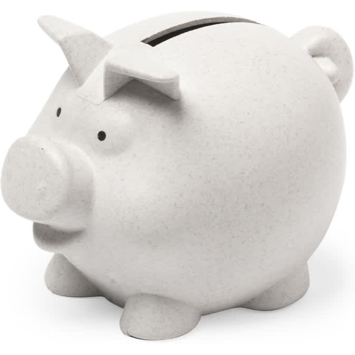 A white piggy bank with a glossy finish, featuring small eyes and a slot for coins, with a logo on the side.