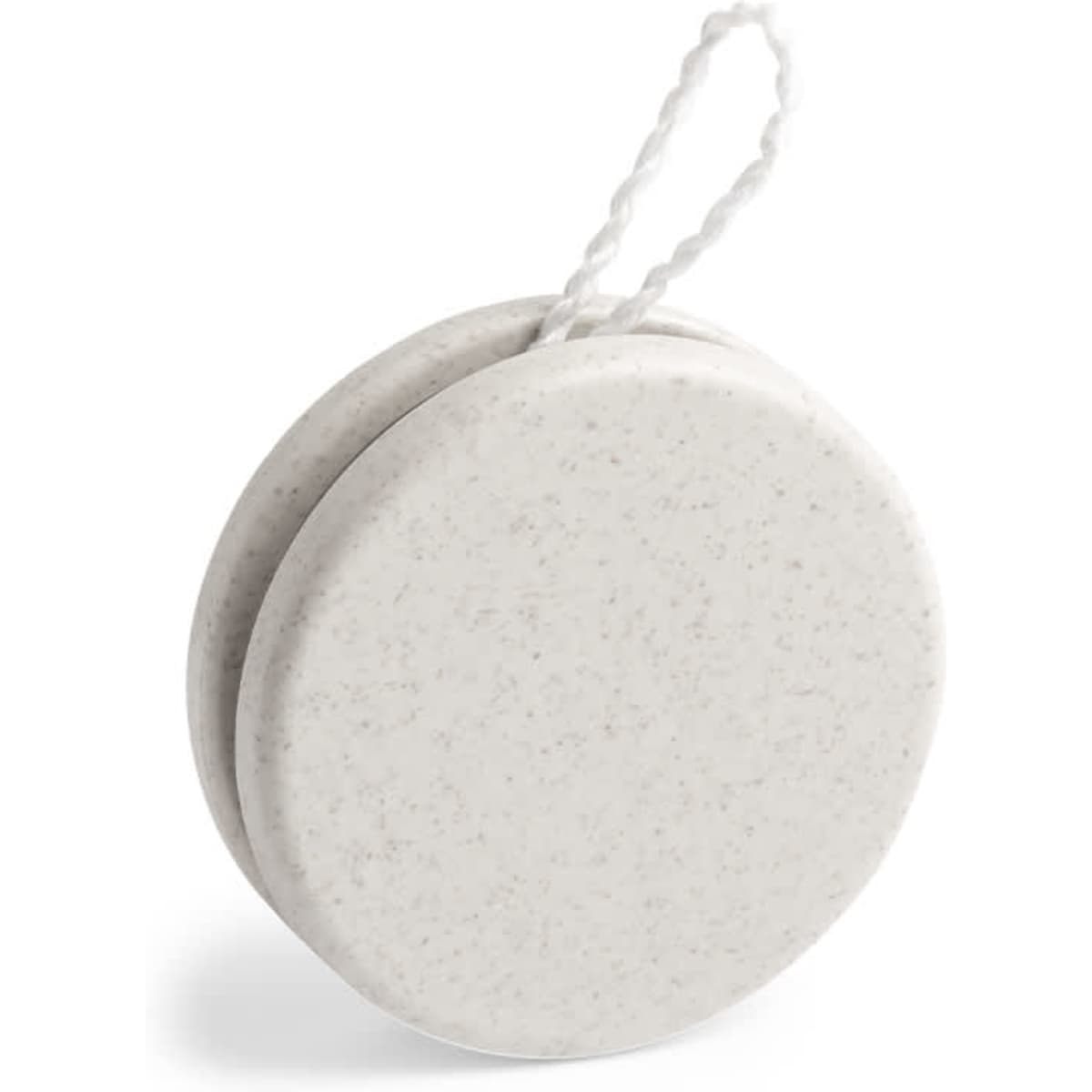 A light grey yo-yo with a textured surface and a white string attached. It features a simple, round design.