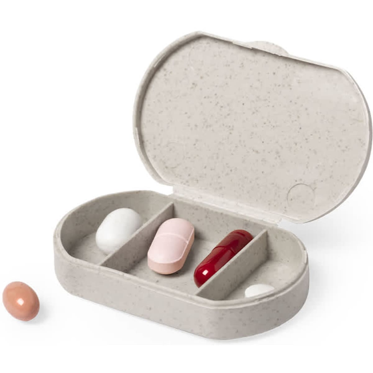 A pill case in light grey, containing two compartments with various coloured capsules and tablets.