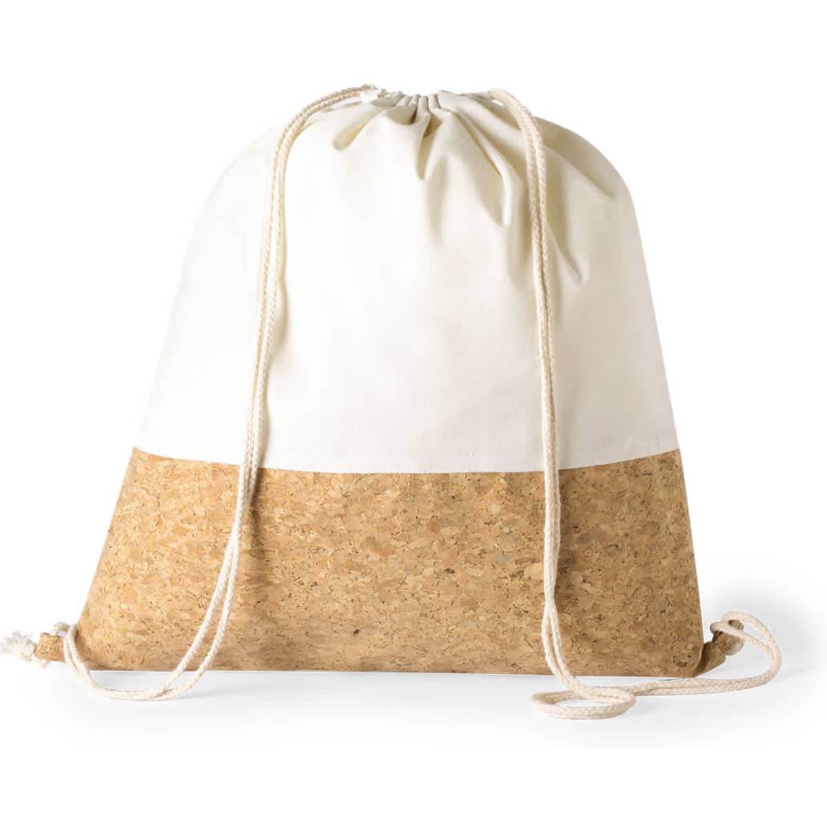 A drawstring bag featuring a white top half and a natural cork bottom, complete with a logo on the front.