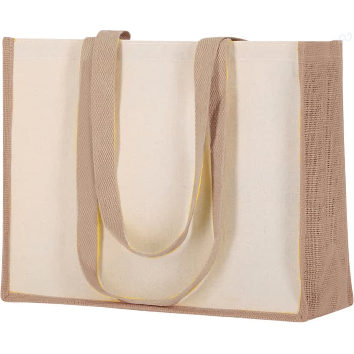 A beige and cream tote bag with sturdy handles, featuring a simple design and a logo.