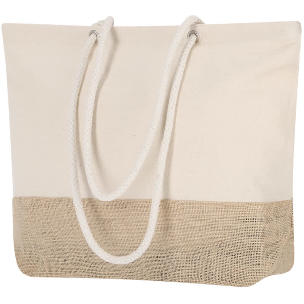 A cream tote bag with a jute lower panel and rope handles, featuring a branding logo.
