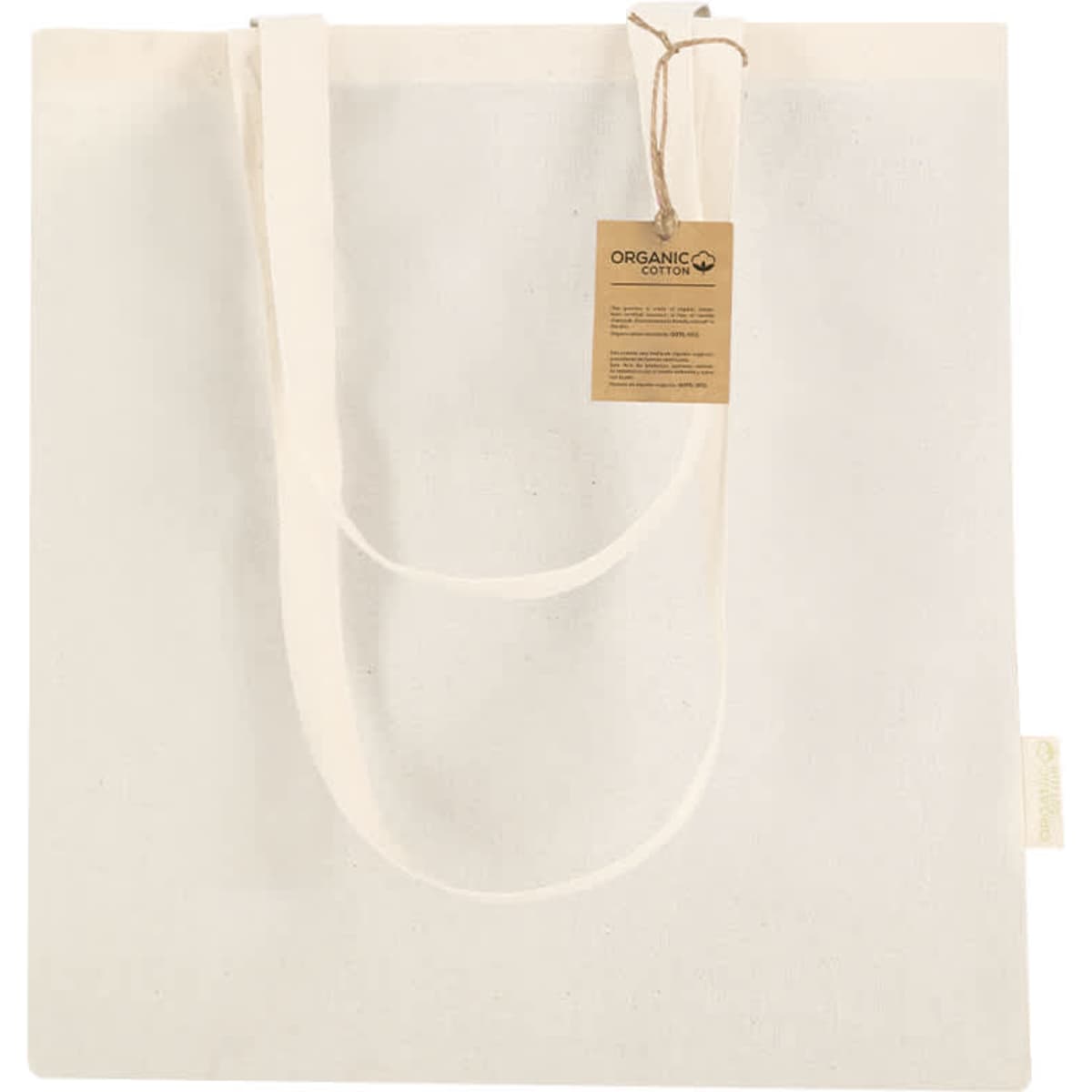 A cream-coloured tote bag made of organic cotton, featuring long handles and a tag.