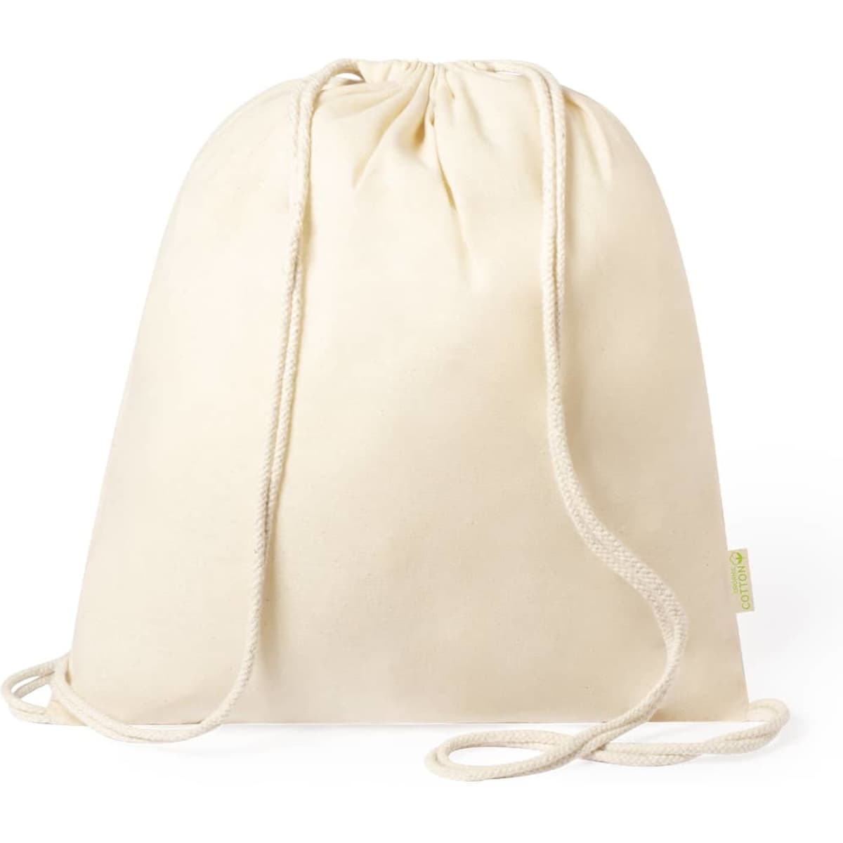 A cream drawstring bag with a gathered top and two cord straps. It features a branding logo.