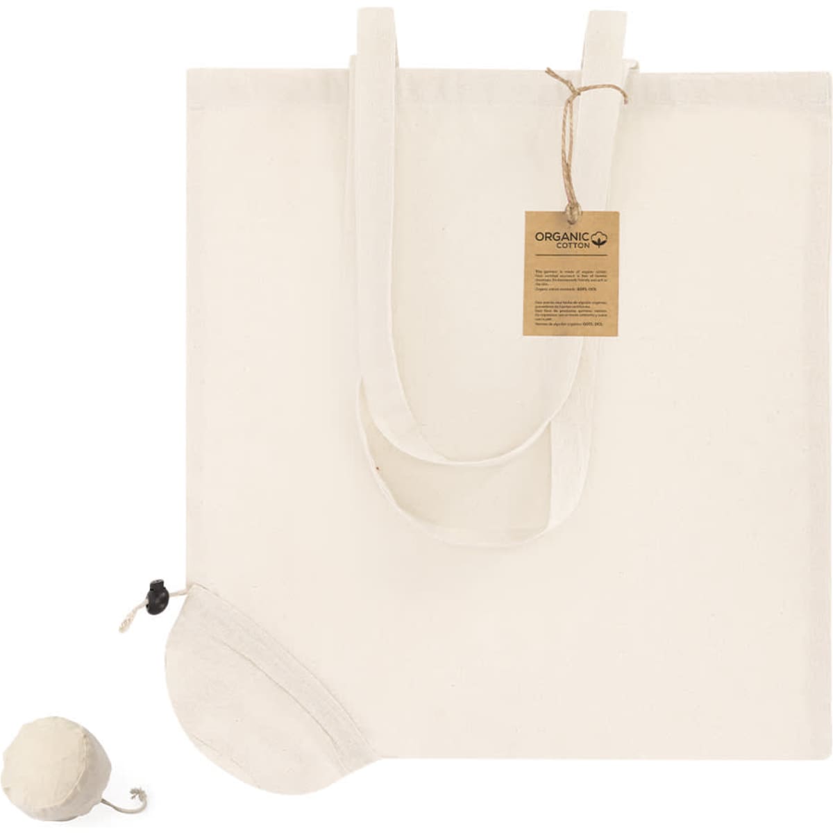 A cream-coloured foldable tote bag with long handles, accompanied by a compact pouch featuring a logo.
