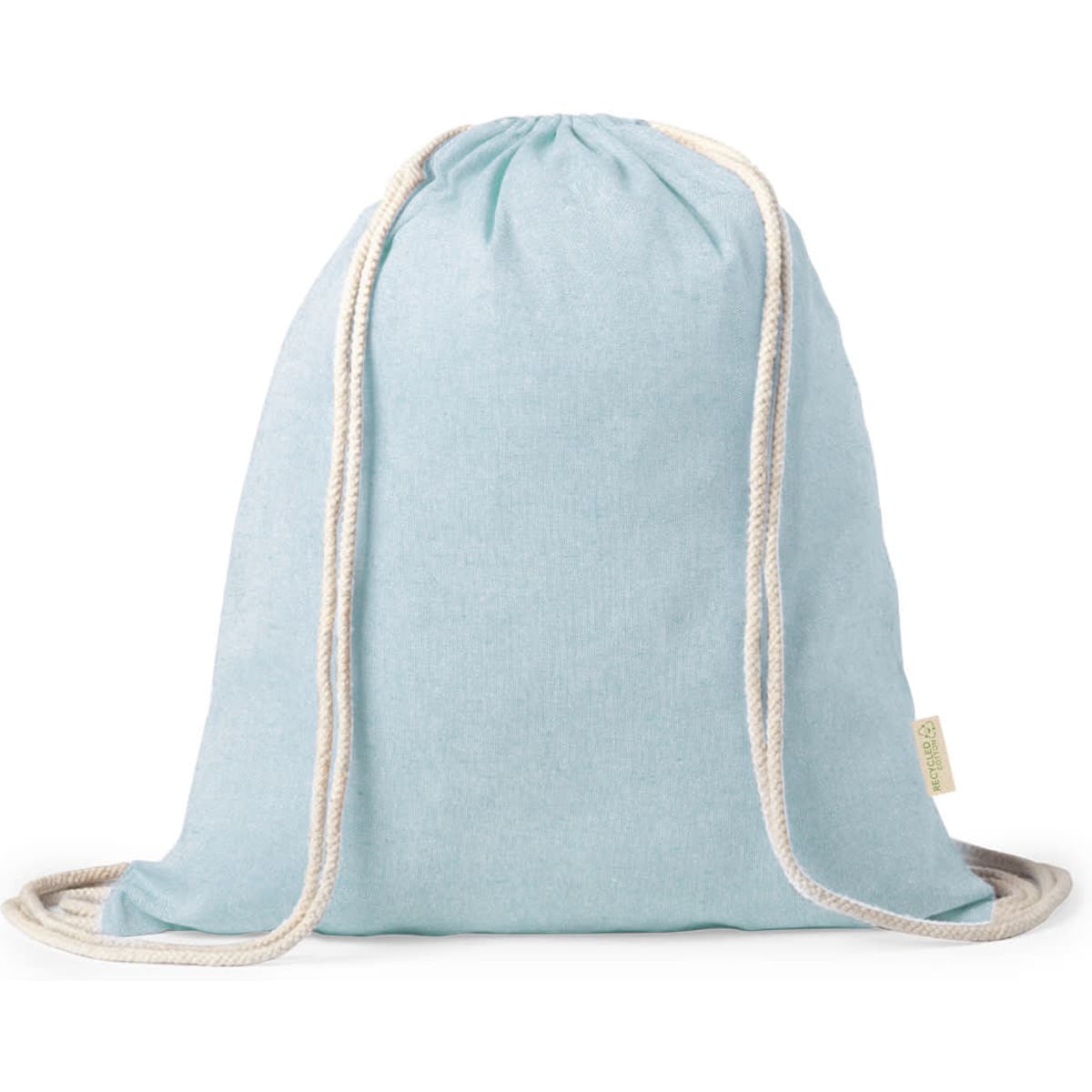 A light blue drawstring bag with cream-coloured cords and a branding logo.
