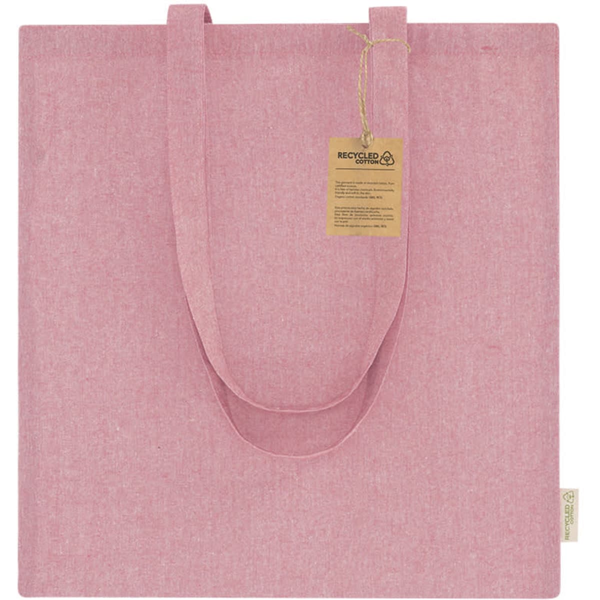 A pink tote bag with two handles and a tag, made from recycled materials. It has a simple design and a logo.
