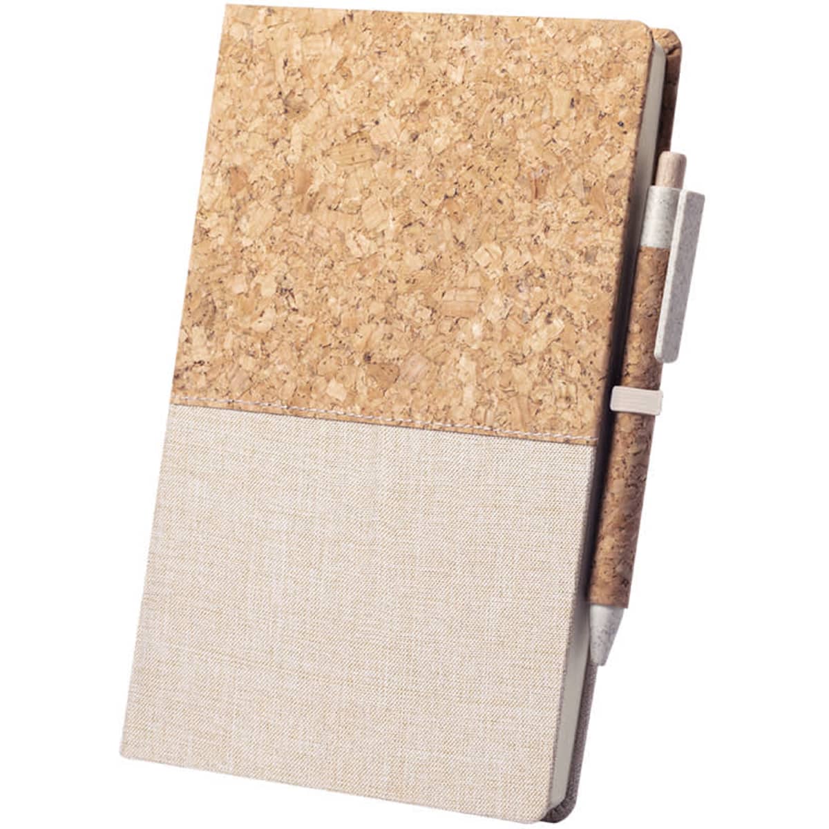 A cork and beige notepad featuring a pencil holder and a pen, designed for office and business use.