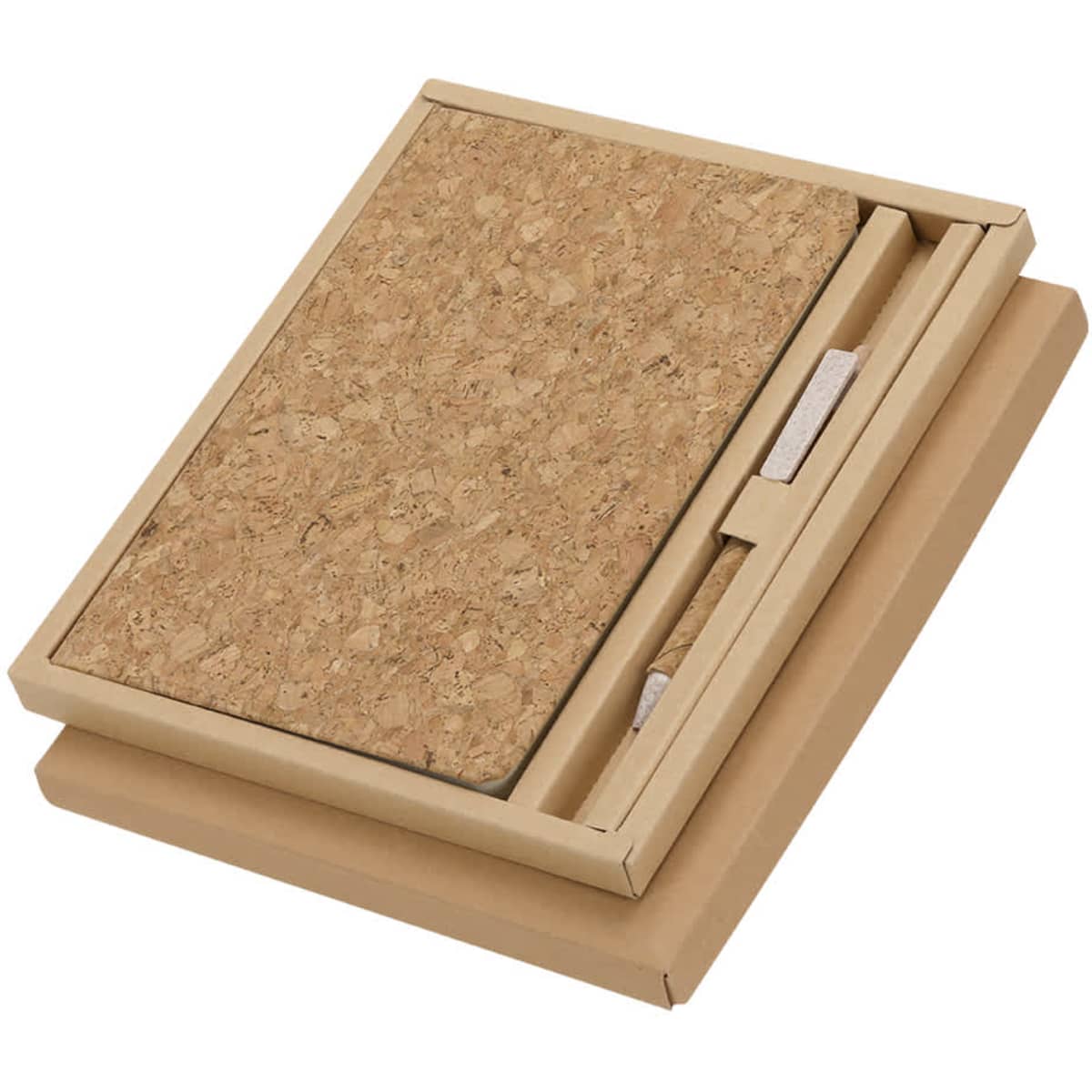 A notebook with a cork cover, displayed in a kraft paper box, featuring a pen. The set includes a logo.