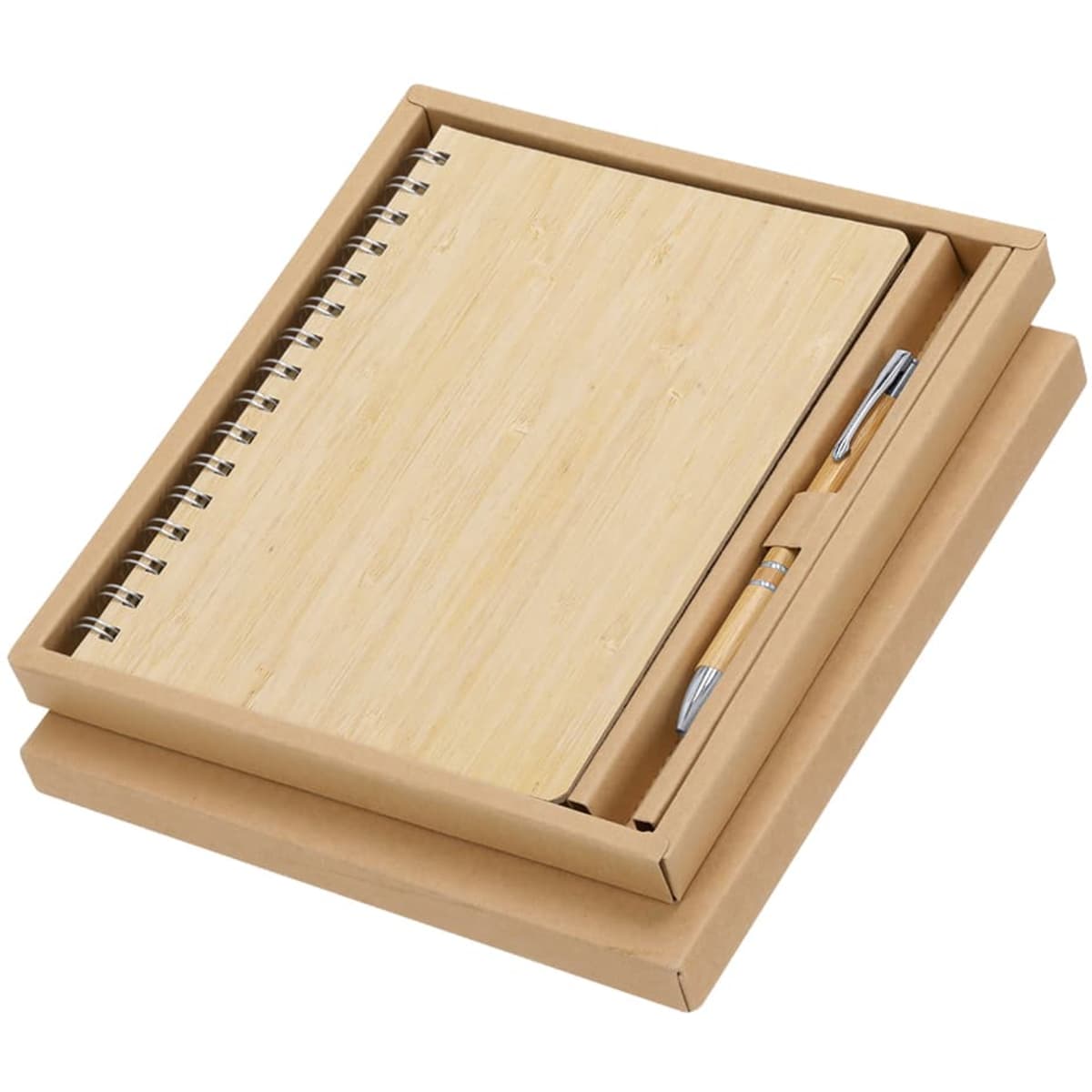 A natural bamboo notebook with a spiral binding and a matching pen, presented in a cardboard gift box.