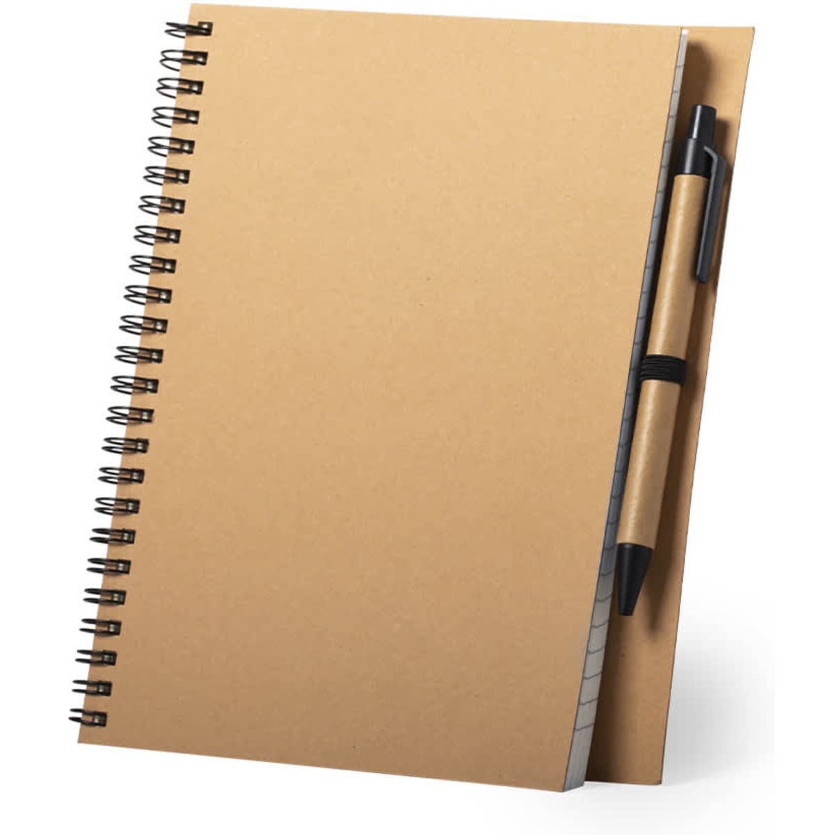 A brown spiral-bound notebook with a pen attached. The notebook features a blank cover and lined pages inside.