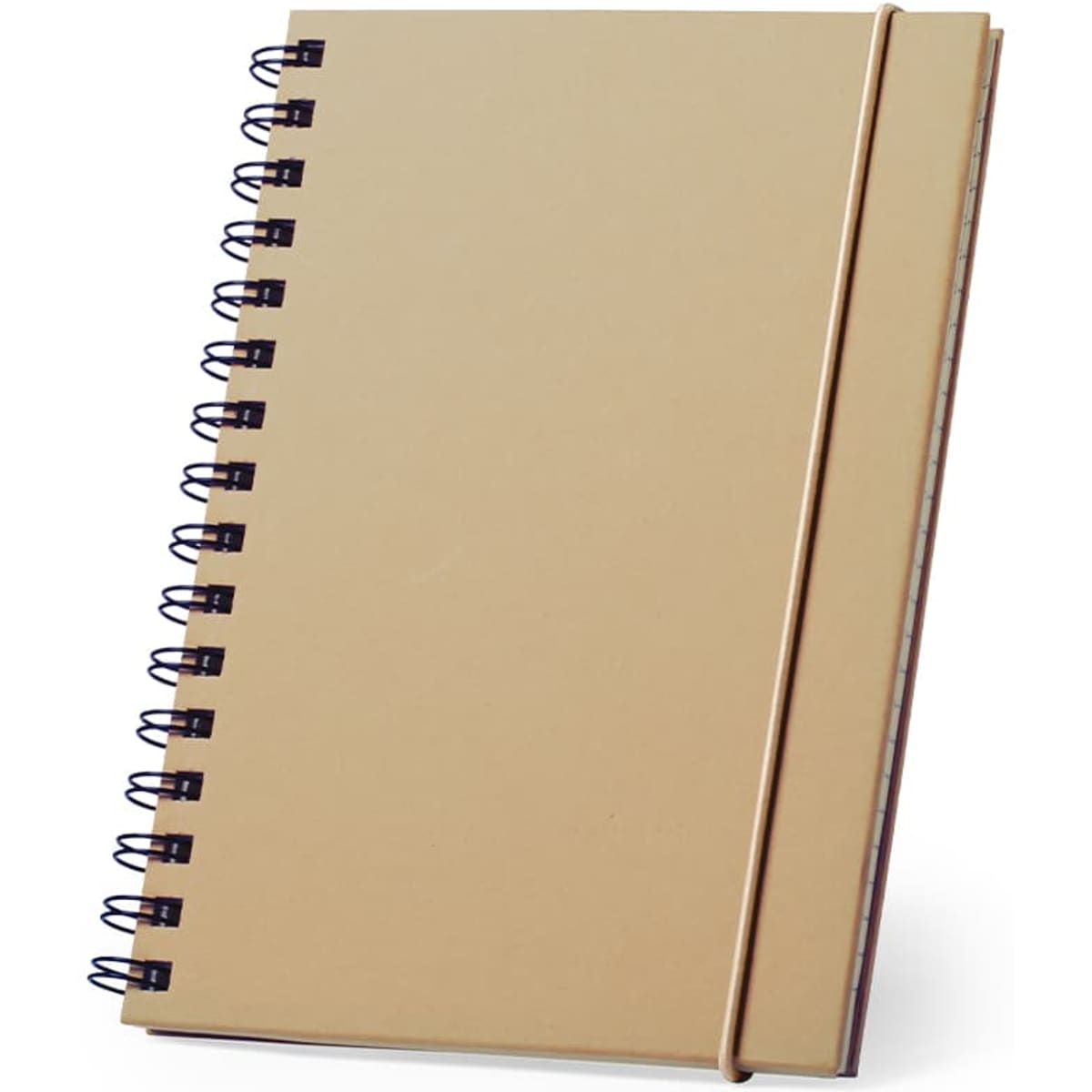 A tan spiralbound notebook with a rubber band closure and a plain cover. It features a logo in the top corner.
