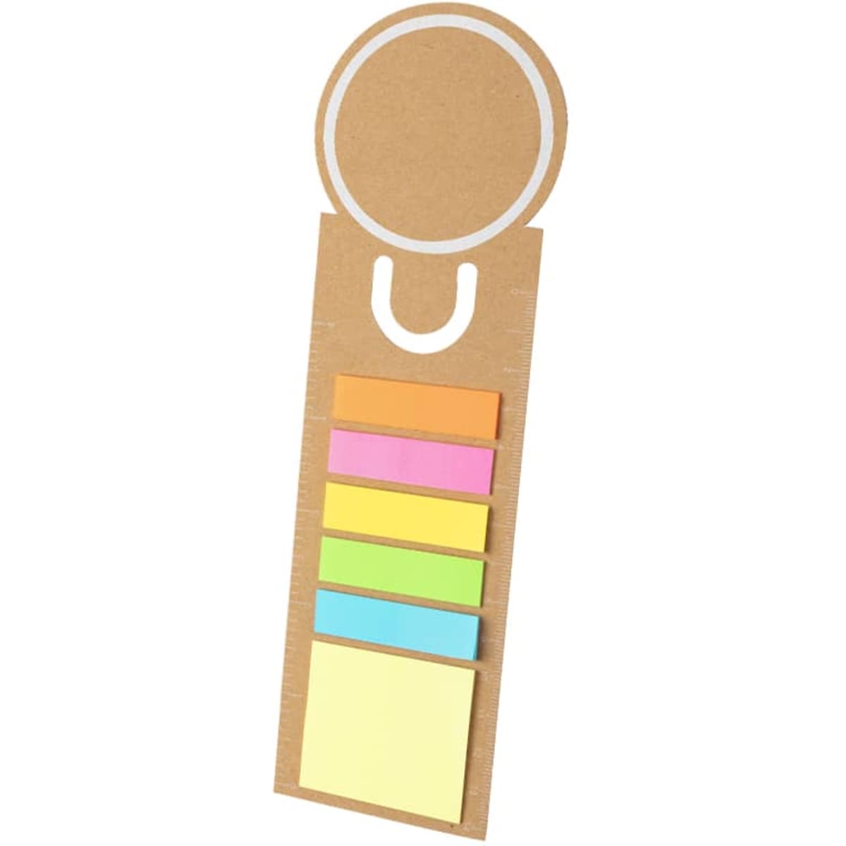 A collection of sticky notes in various bright colours, attached to a brown cardboard holder with a circular cutout at the top.