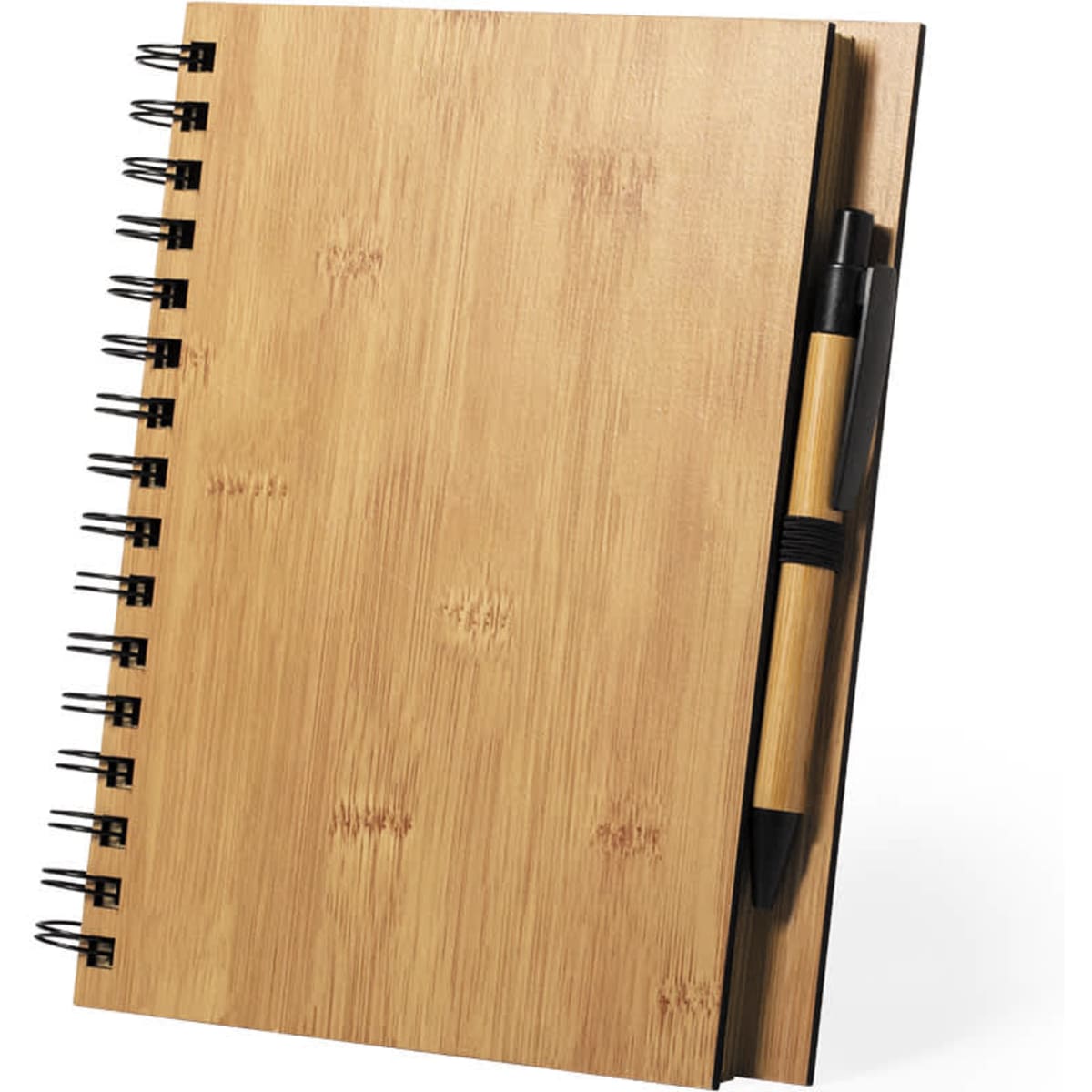 A bamboo notebook with a spiral binding and a black pen attached, showcasing a natural wood finish.