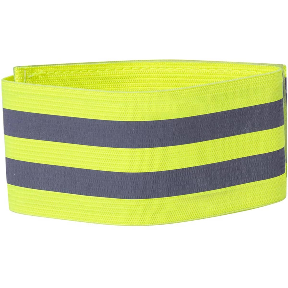 A reflective safety armband in bright yellow with grey stripes, featuring a logo.