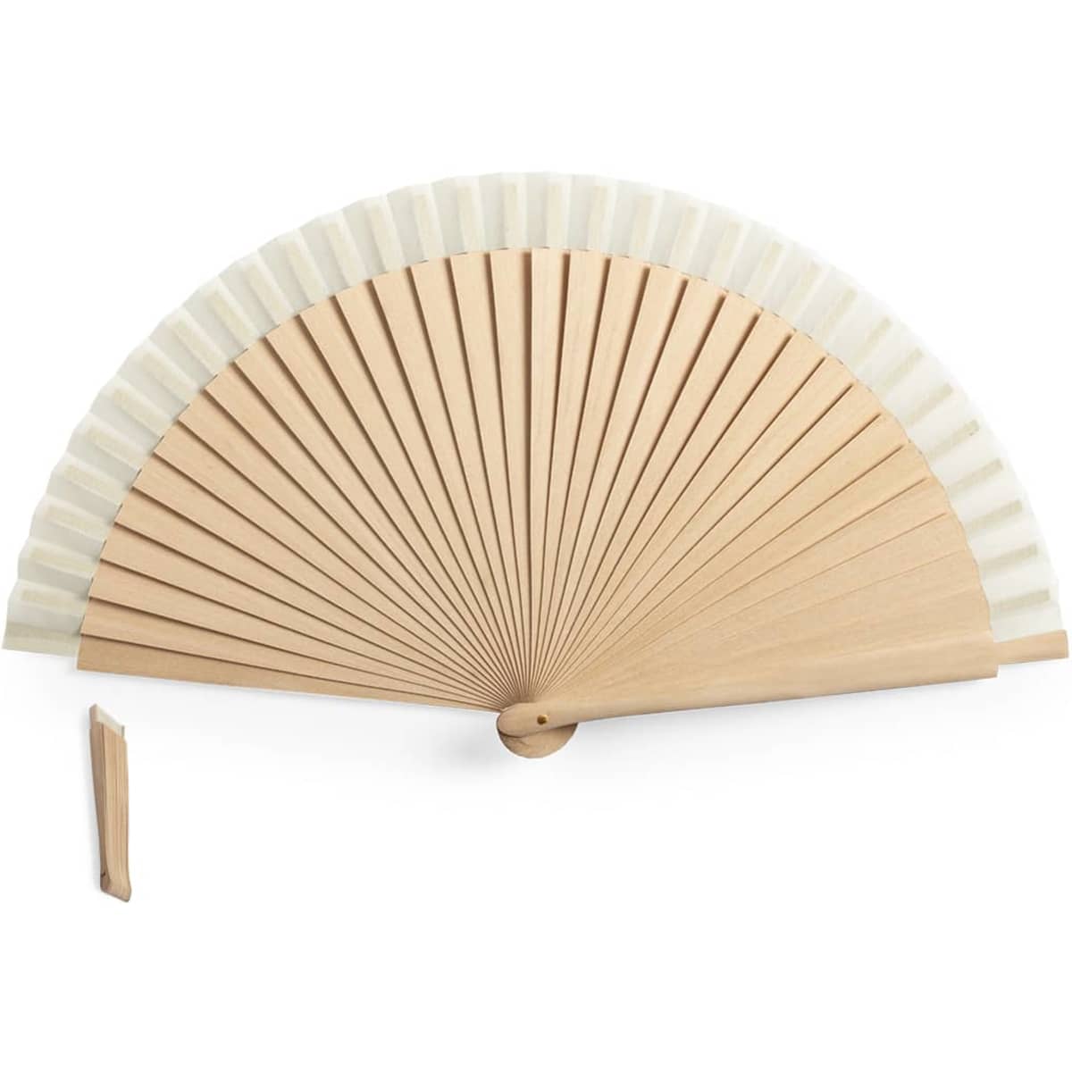 A wooden handheld fan with a natural wood finish and white fabric, featuring a simple design and a small attachment.