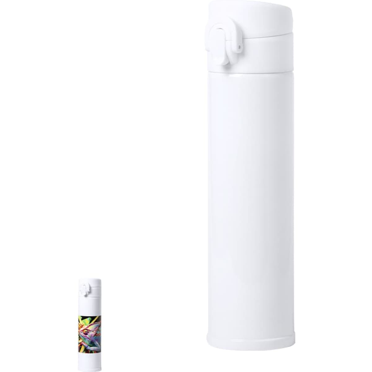 A drink bottle featuring a sleek white design, with a colourful decorative option shown alongside. It has a logo on it.