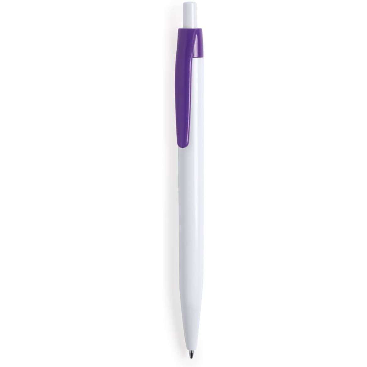 A plastic pen featuring a white body and a purple clip, with a logo on the side.