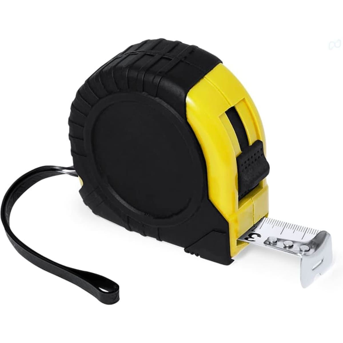 A black and yellow tape measure with a textured surface and a retractable measurement blade.