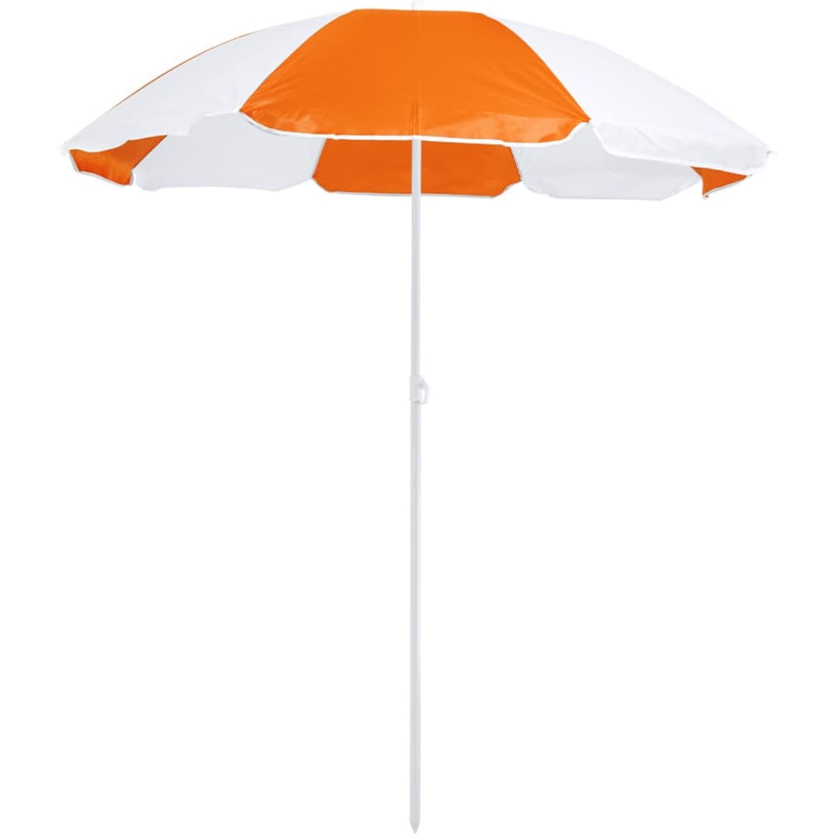 A beach umbrella in orange and white, featuring a sturdy pole and a design suitable for outdoor leisure.