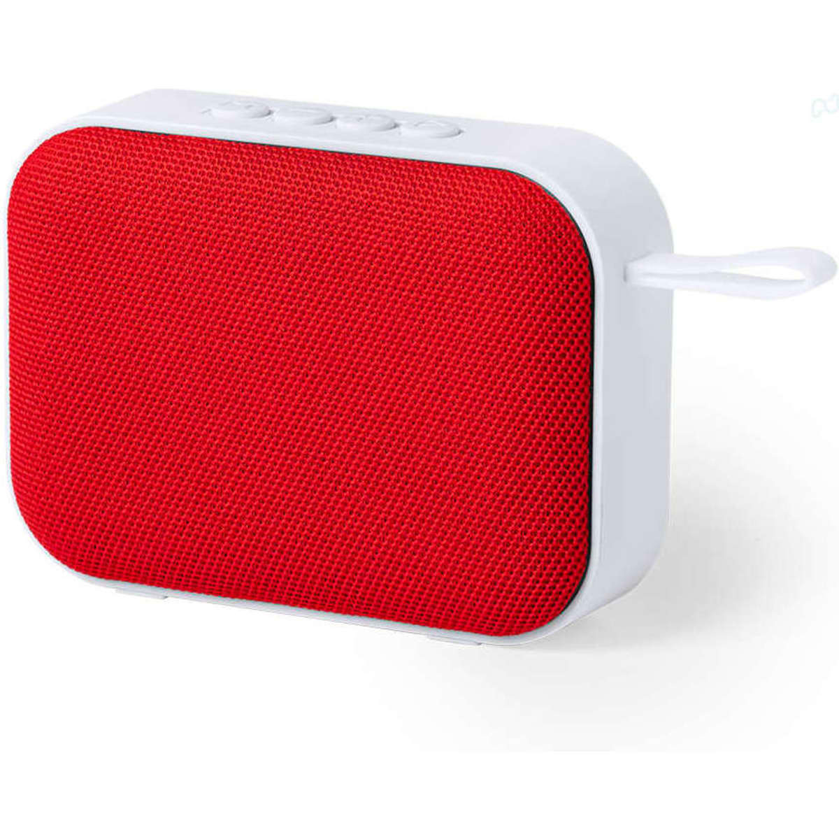 A red Bluetooth speaker with a white body, featuring buttons on top and a carrying strap.