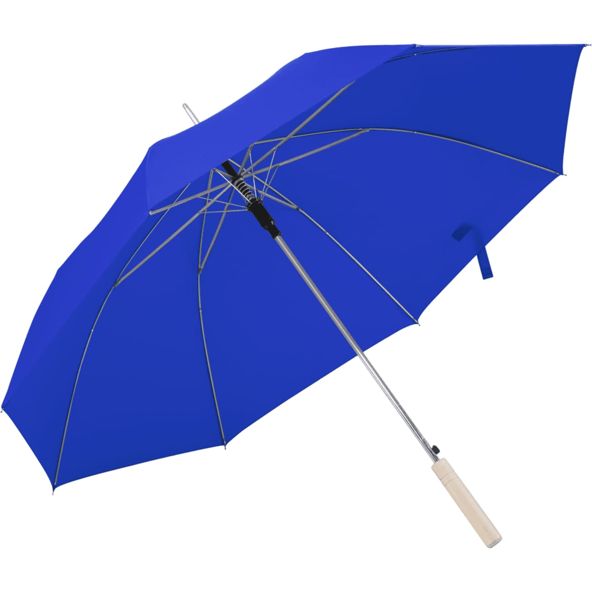 A blue umbrella with a silver frame and a wooden handle, featuring a branding logo.