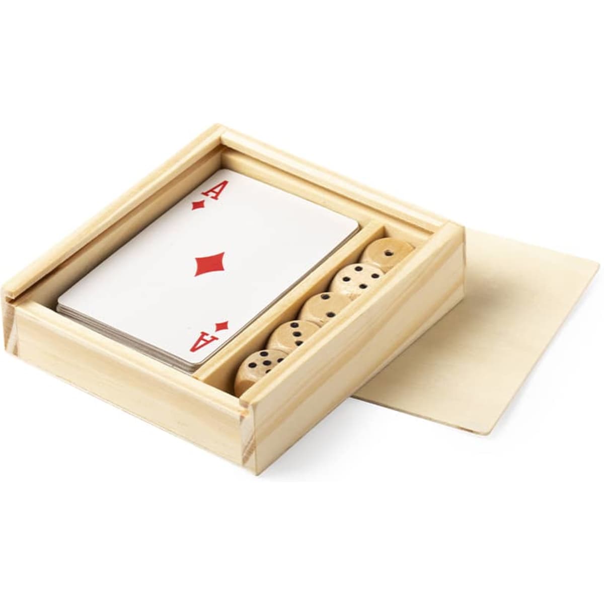 A wooden box containing playing cards and six wooden dice, with a natural finish and a sleek design.