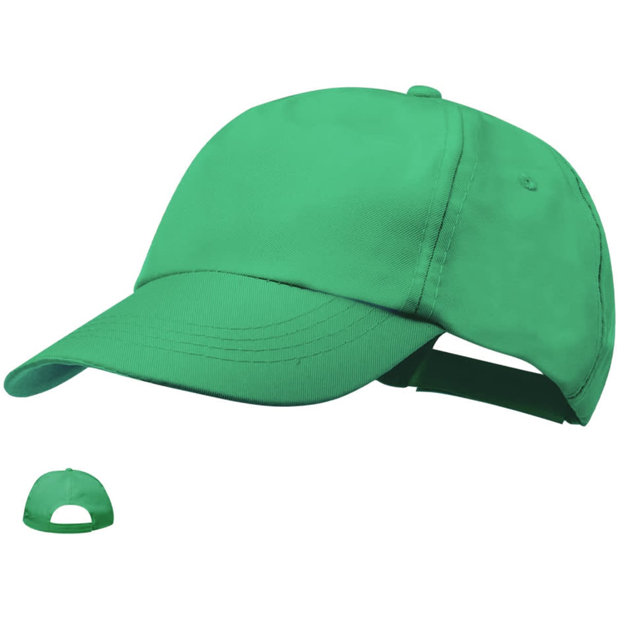 A green cap featuring a curved brim and an adjustable strap at the back. It includes a logo.
