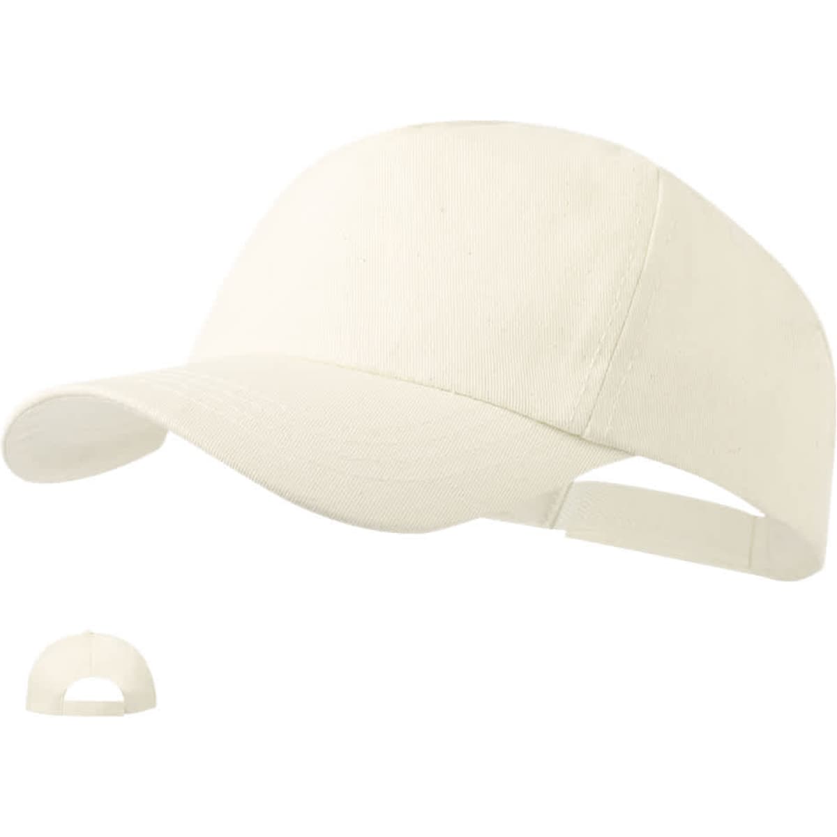 A white cap is displayed, featuring a curved brim and an adjustable strap at the back. It includes a logo.