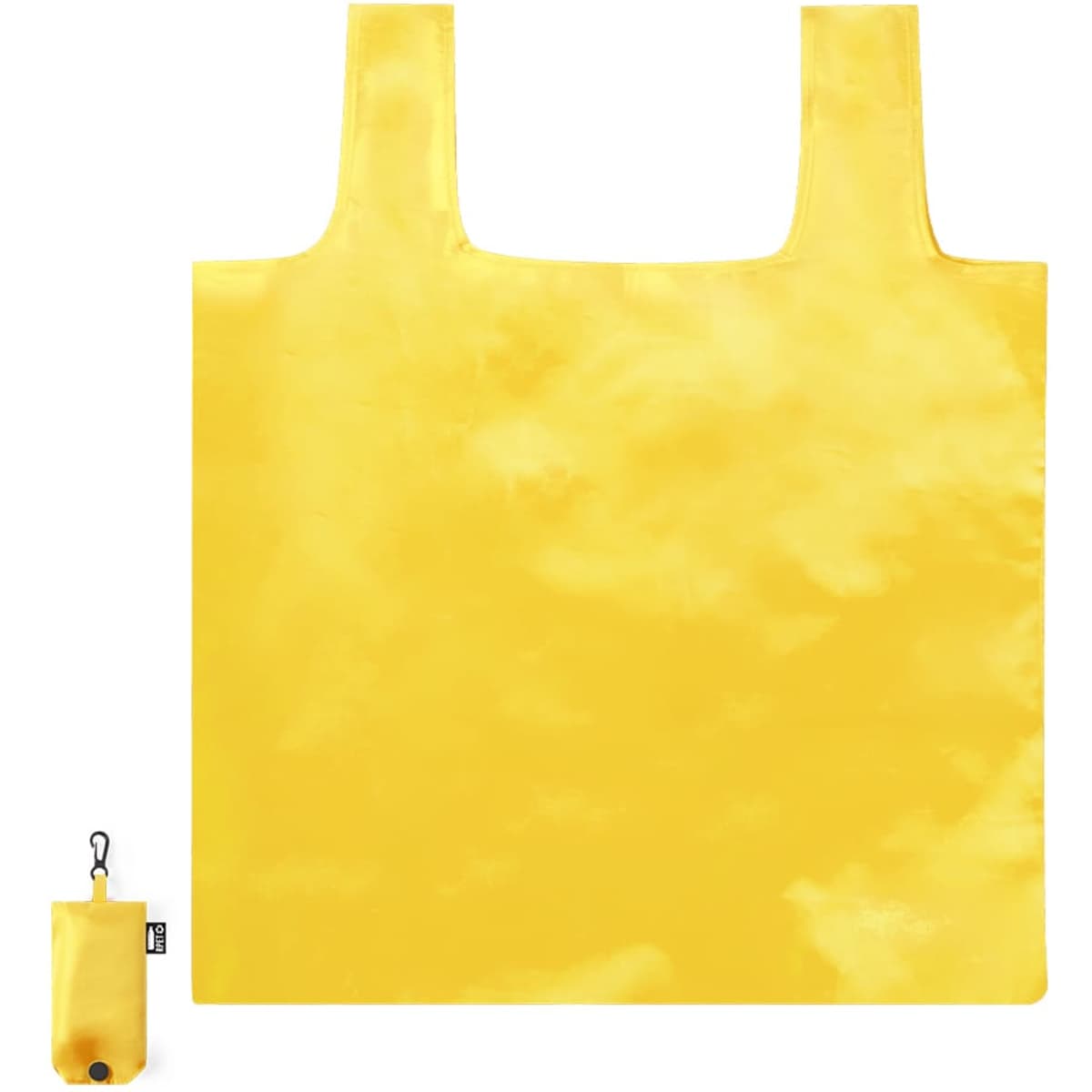 A bright yellow foldable bag alongside a compact pouch for storage. The bag features two handles and a logo.