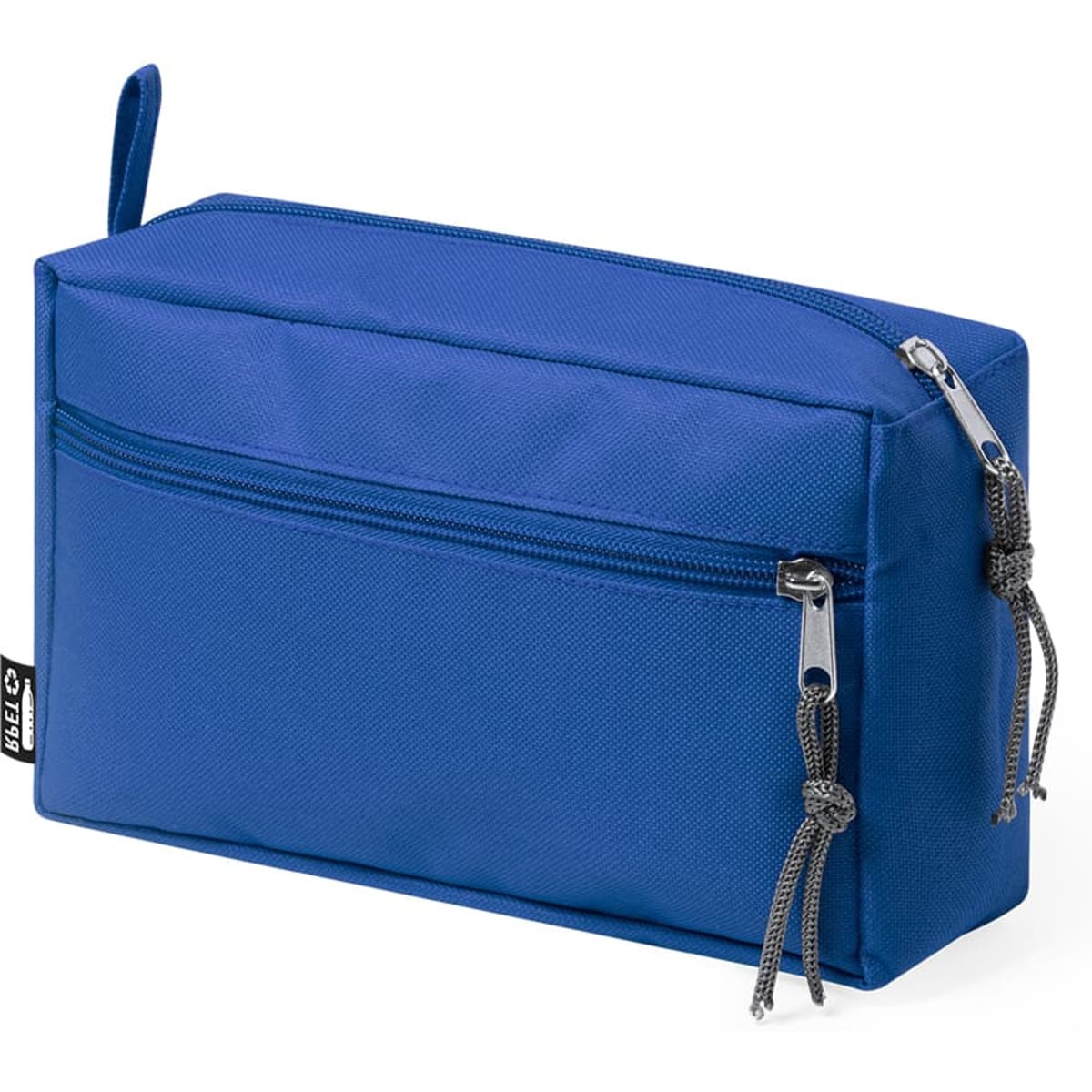A blue toiletry bag with a zipped compartment and a logo, featuring a rectangular shape and a sturdy design.